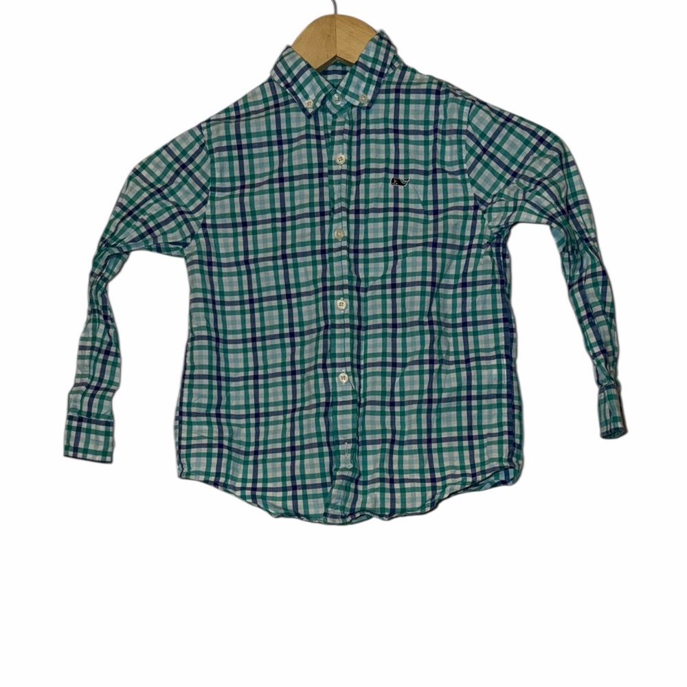 Vineyard Vines boys whale shirt Green & Blue Plaid Button-Down Shirt Sz 5